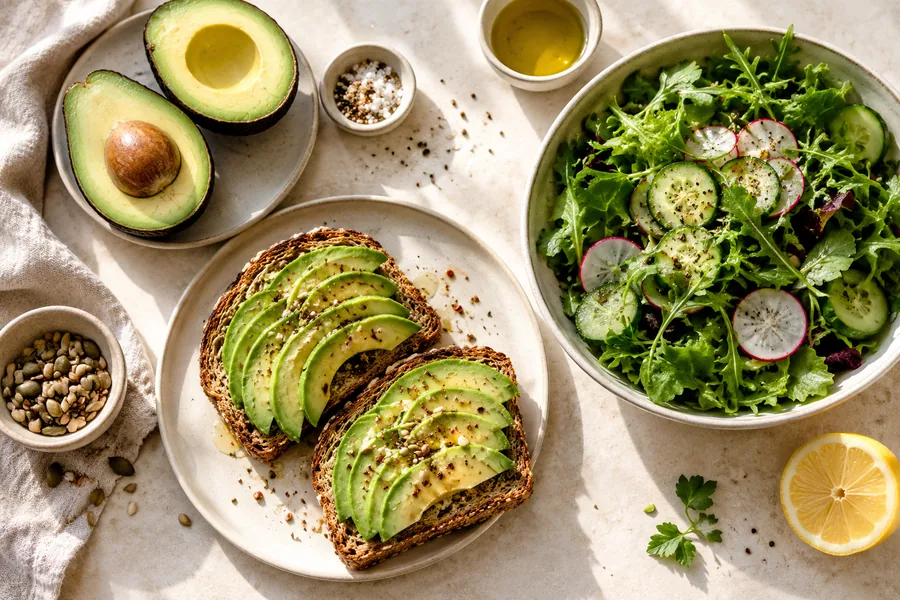 Sajian alpukat bersama roti dan salad sebagai bagian dari menu harian